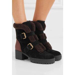 See by Chloe Shearling Ankle Boots Suede Leather Brown Black Cognac Size 39